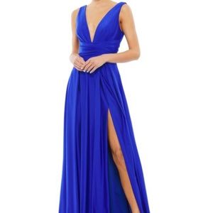 Ieena for Mac Duggal Pleated Skirt Plunging Neck Dress